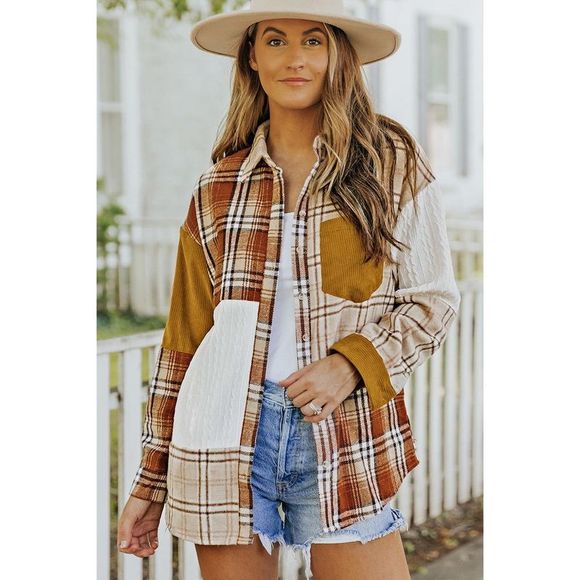 Azura Exchange  Orange Plaid Color Block Patchwork Shirt Jacket with Pocket - Picture 4 of 15